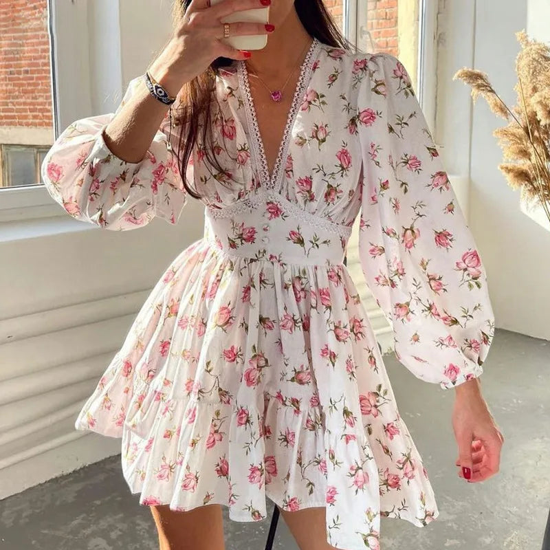 Long Sleeve Floral Print Ruffles Dress