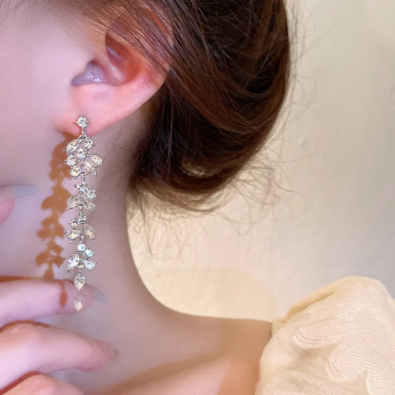 Luxury Leaf Crystal Long Earrings