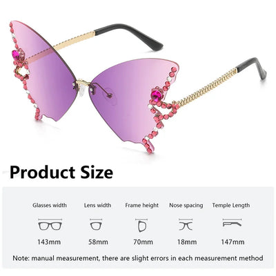 Fashion Rhinestones Butterfly Rimless Oversized Sun Glasses