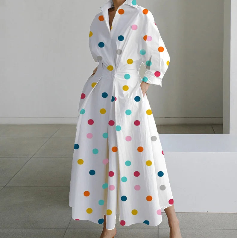 Long Sleeve Dot Print Elegant Maxi Dress