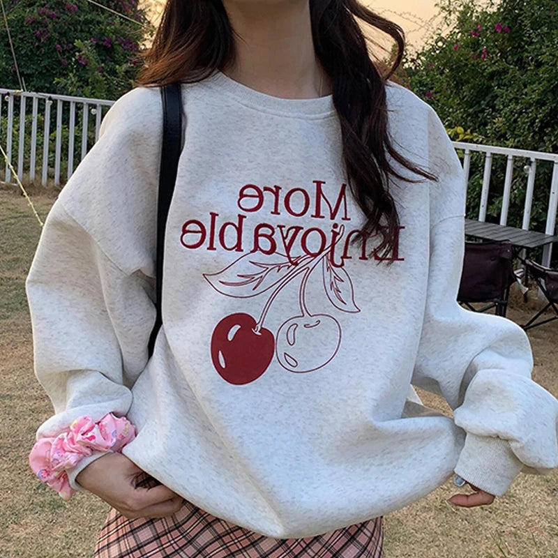 Korean Cherry Print Round Neck Long Sleeve Loose Casual Sweatshirt