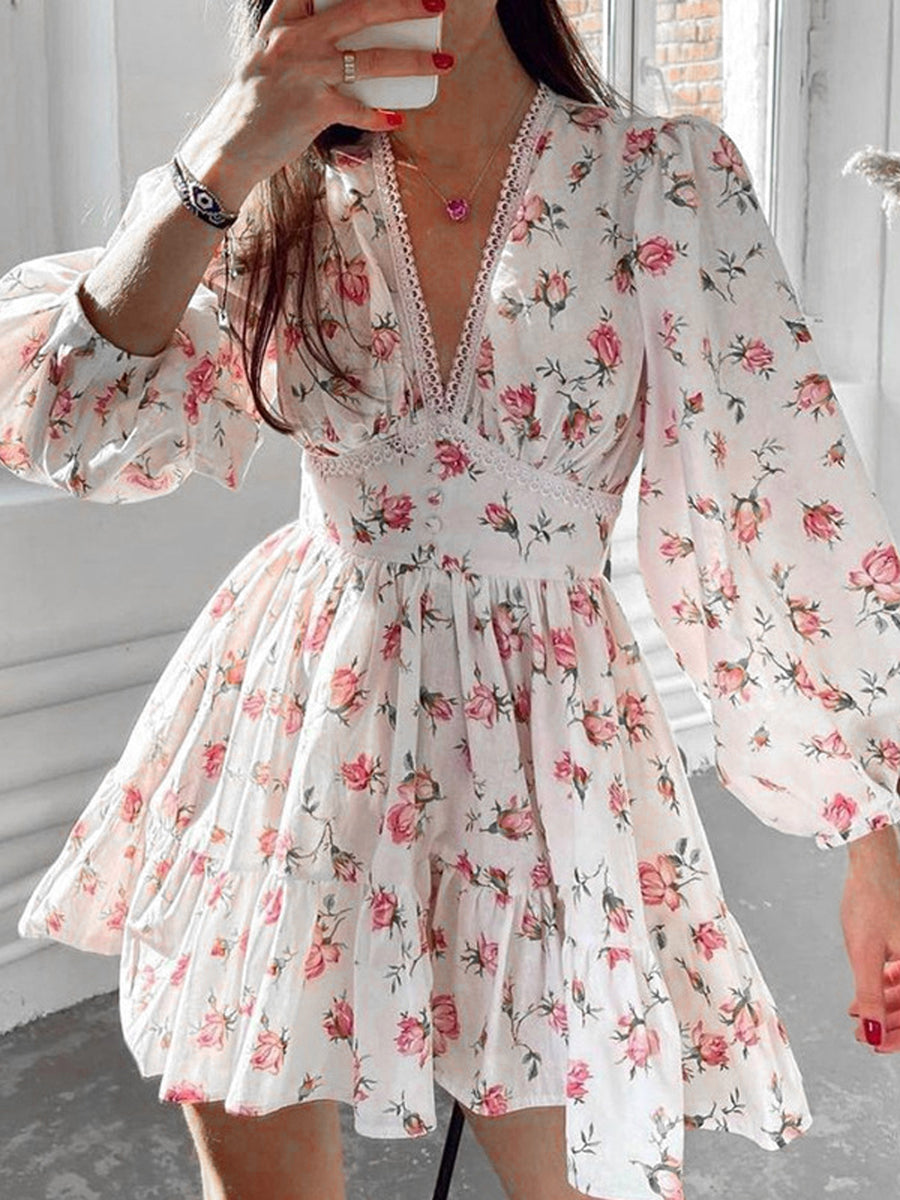 Long Sleeve Floral Print Ruffles Dress