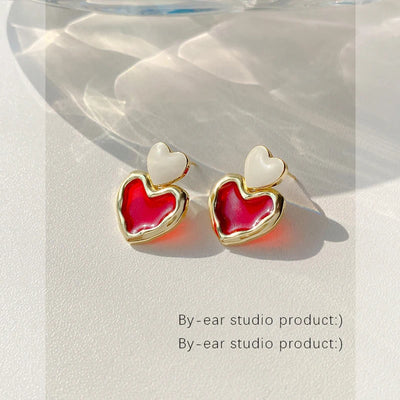 Trendy Sweet Burgundy Enamel Heart Earrings