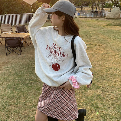 Korean Cherry Print Round Neck Long Sleeve Loose Casual Sweatshirt