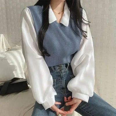 False Two-piece Polo Collar Elegant Blouses