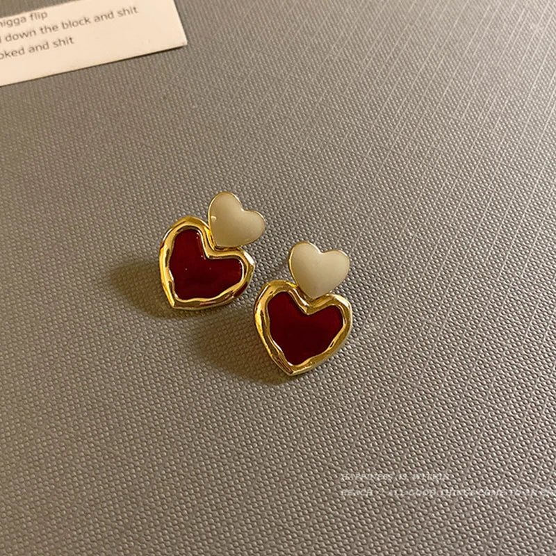 Trendy Sweet Burgundy Enamel Heart Earrings