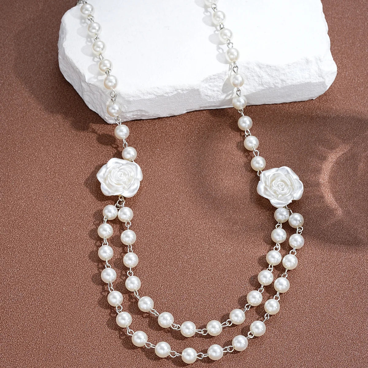 French Pearl Camellia Double Layer Necklace