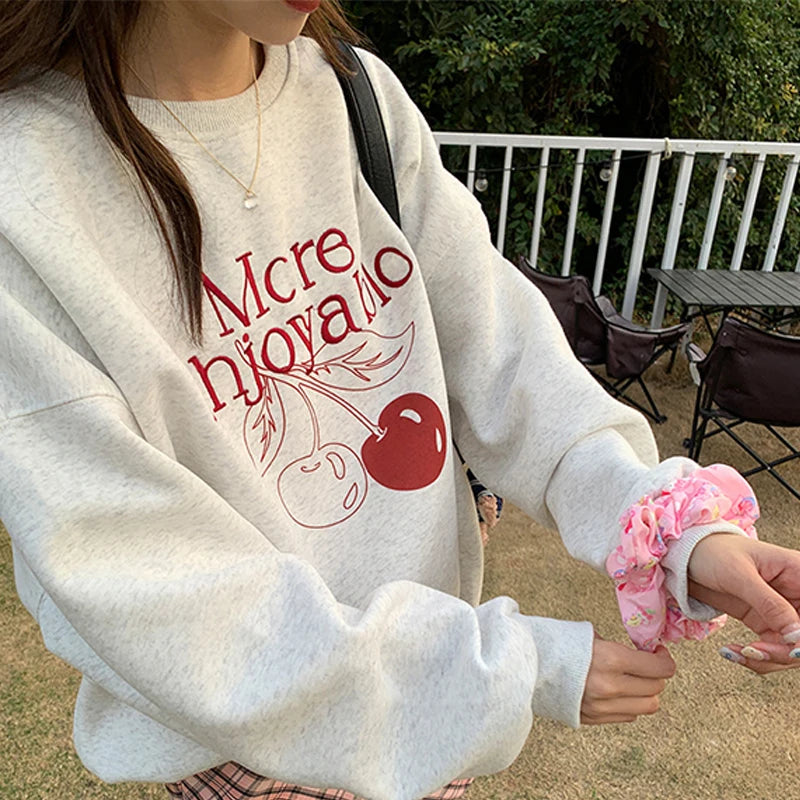 Korean Cherry Print Round Neck Long Sleeve Loose Casual Sweatshirt