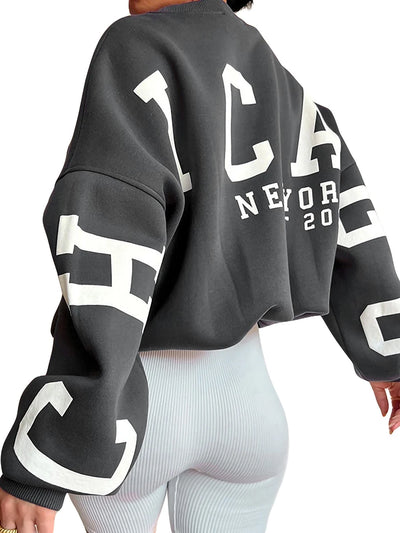 Drop Shoulder Letter Print Long Sleeve Casual Hoodie Tops