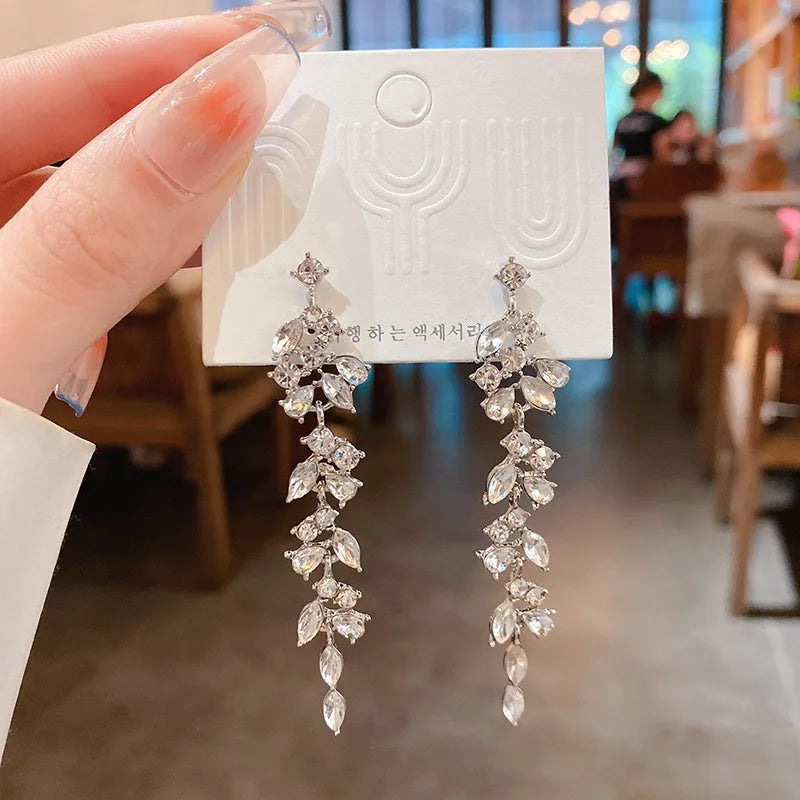 Luxury Leaf Crystal Long Earrings