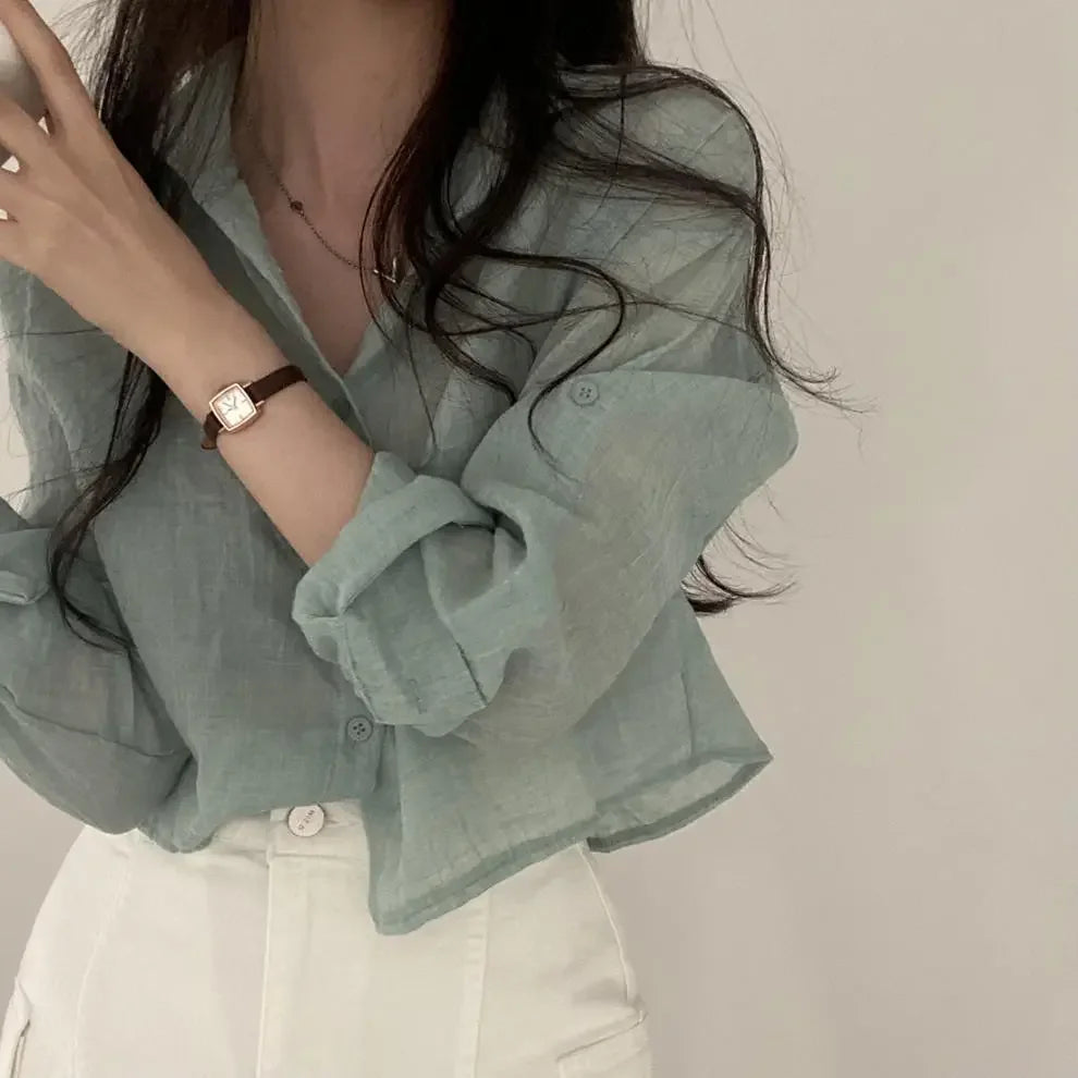 Trendy Shirt Blouse Simple Thin Pure Color Anti-UV Shirt