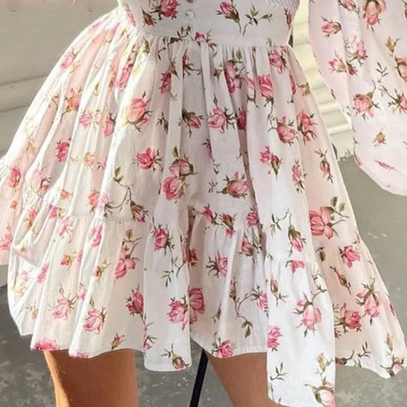 Long Sleeve Floral Print Ruffles Dress