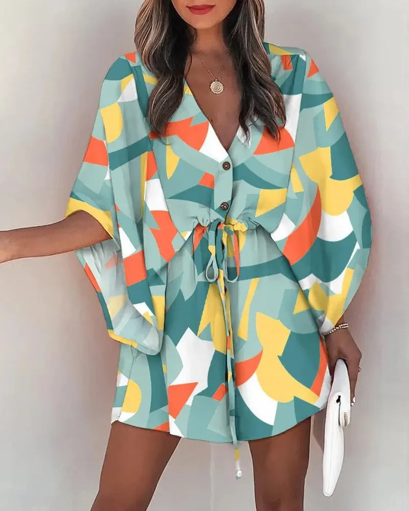 Flying Sleeve V-neck Print Beach Party Dresses