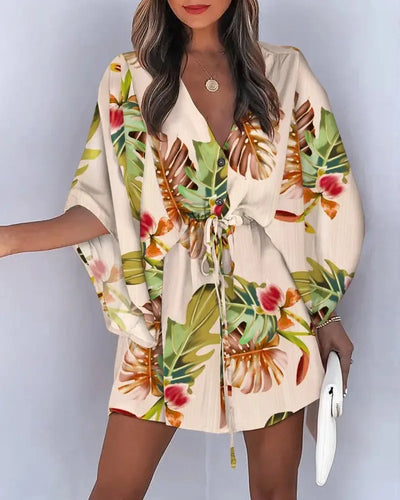 Flying Sleeve V-neck Print Beach Party Dresses