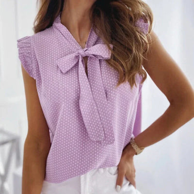 Elegant Ruffles Sleeveless Polka Pot Lace Up Tie Bow Blouses and Shirts