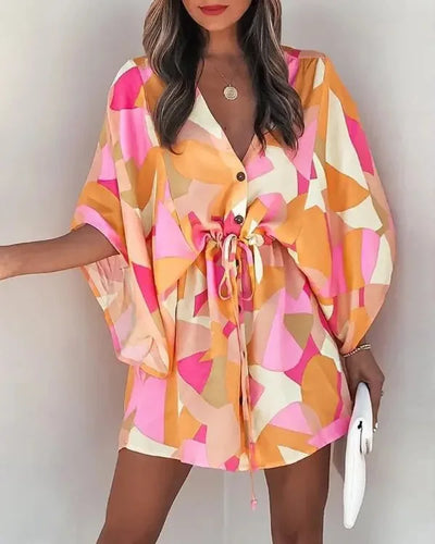 Flying Sleeve V-neck Print Beach Party Dresses