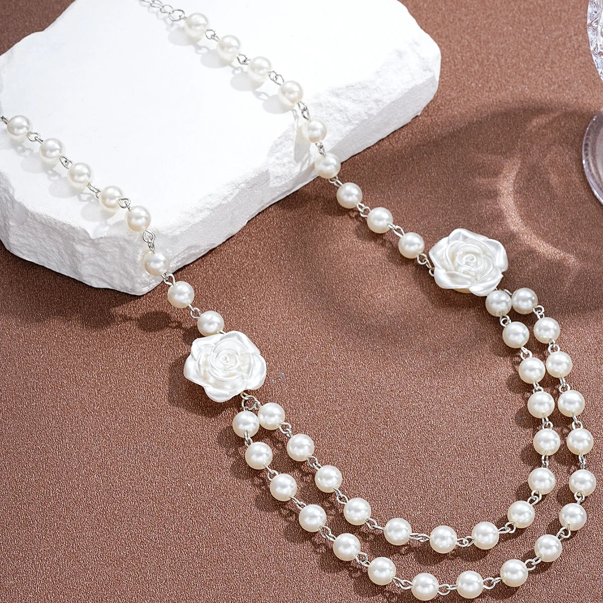 French Pearl Camellia Double Layer Necklace