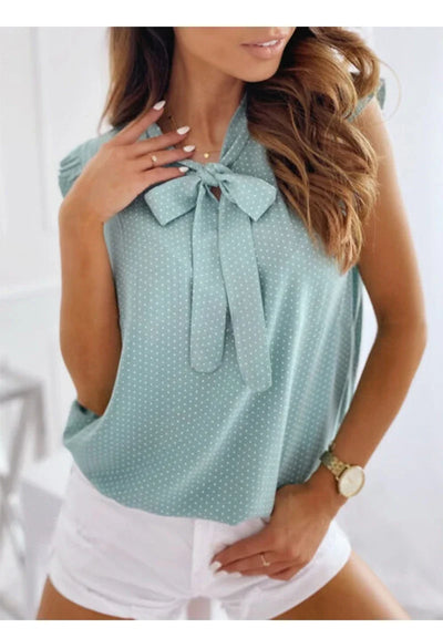 Elegant Ruffles Sleeveless Polka Pot Lace Up Tie Bow Blouses and Shirts