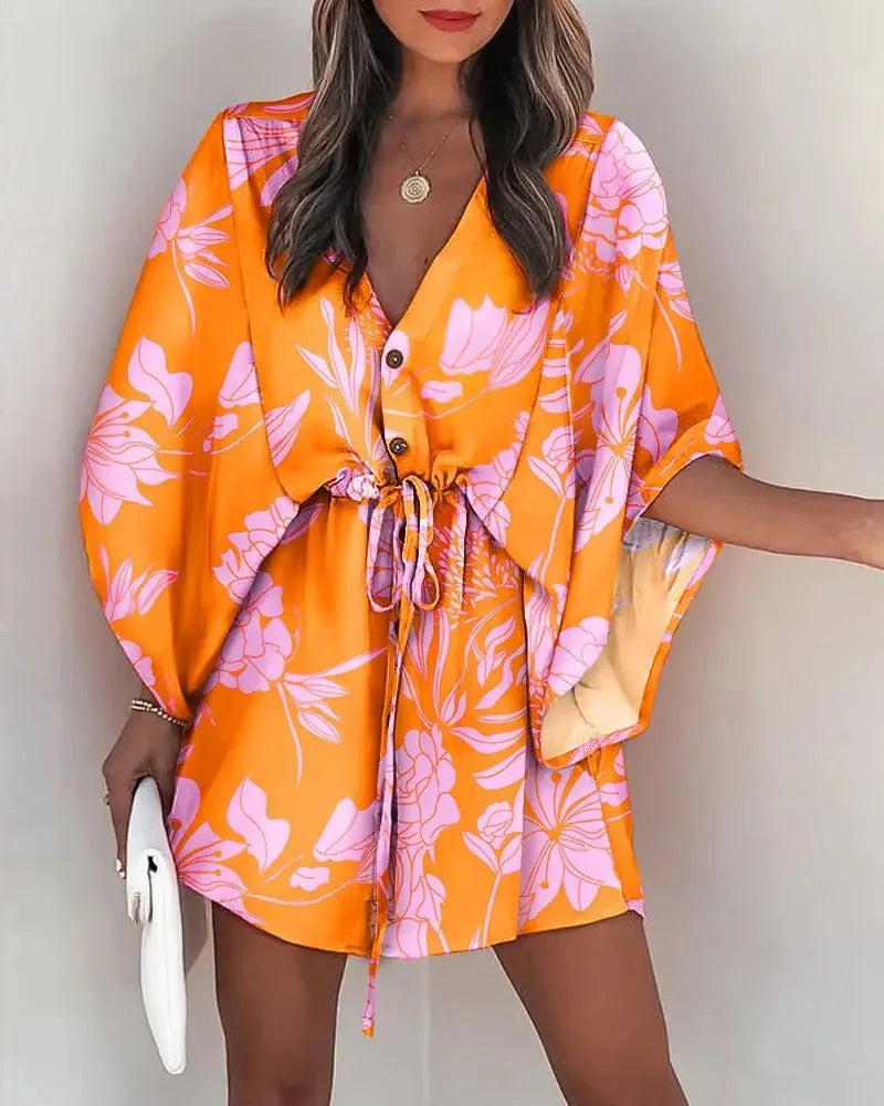 Flying Sleeve V-neck Print Beach Party Dresses