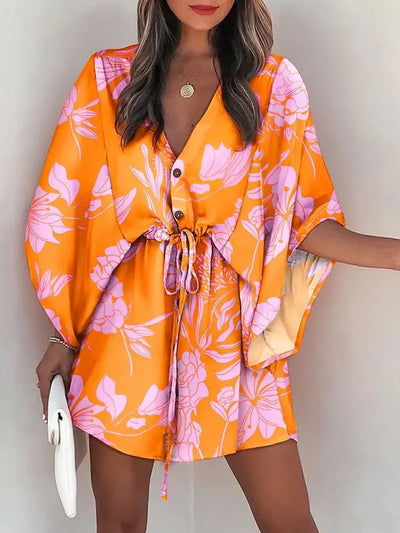 Flying Sleeve V-neck Print Beach Party Dresses