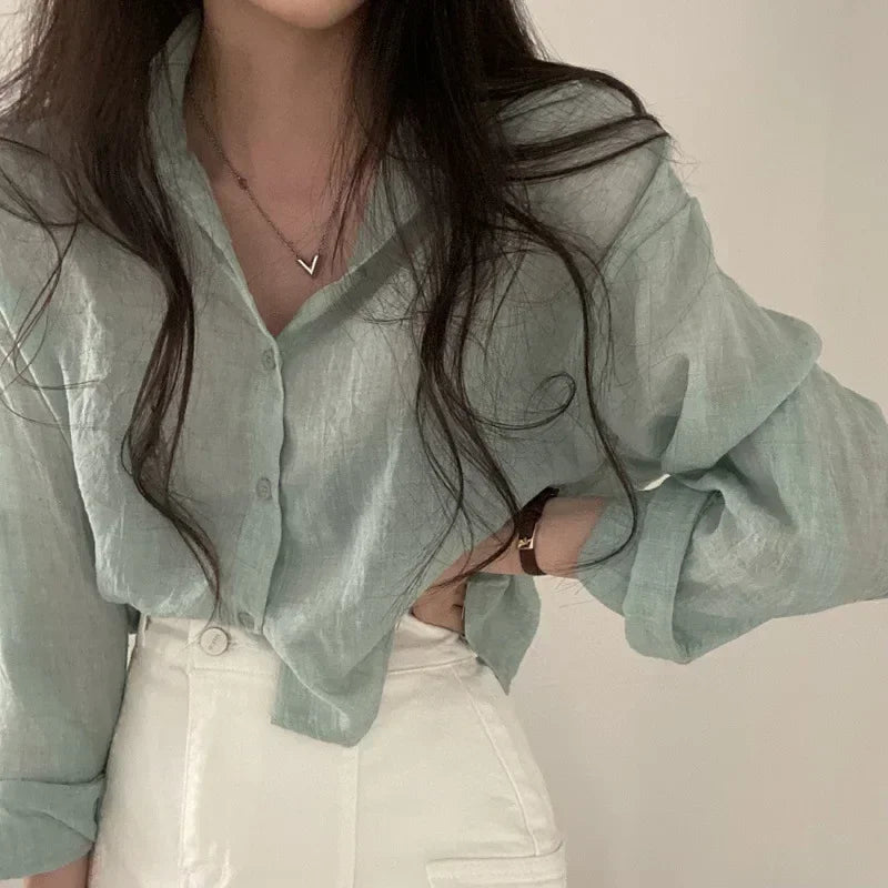 Trendy Shirt Blouse Simple Thin Pure Color Anti-UV Shirt