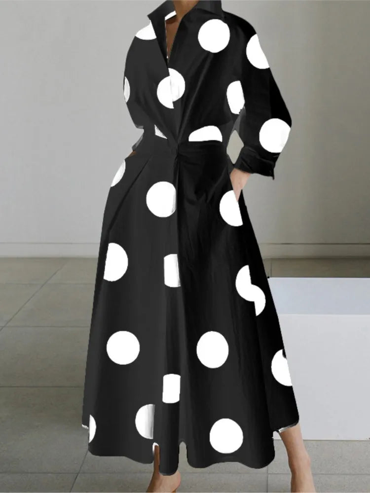 Long Sleeve Dot Print Elegant Maxi Dress