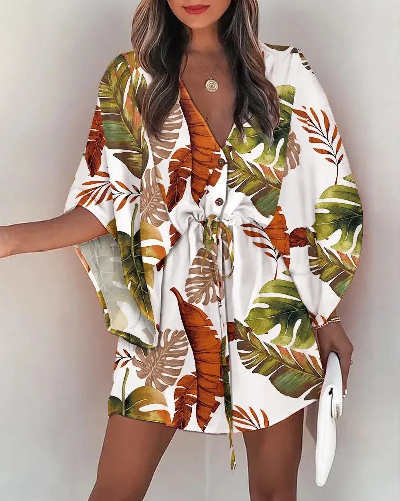 Flying Sleeve V-neck Print Beach Party Dresses