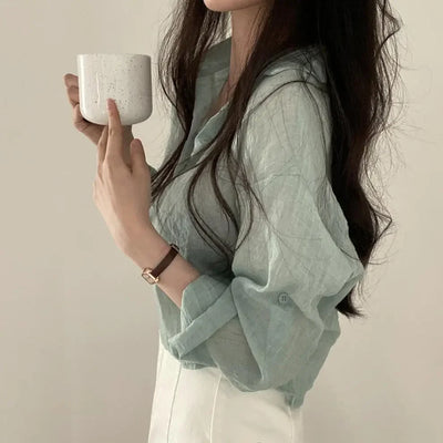 Trendy Shirt Blouse Simple Thin Pure Color Anti-UV Shirt