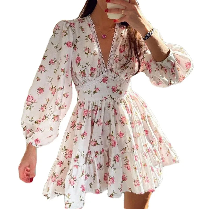 Long Sleeve Floral Print Ruffles Dress