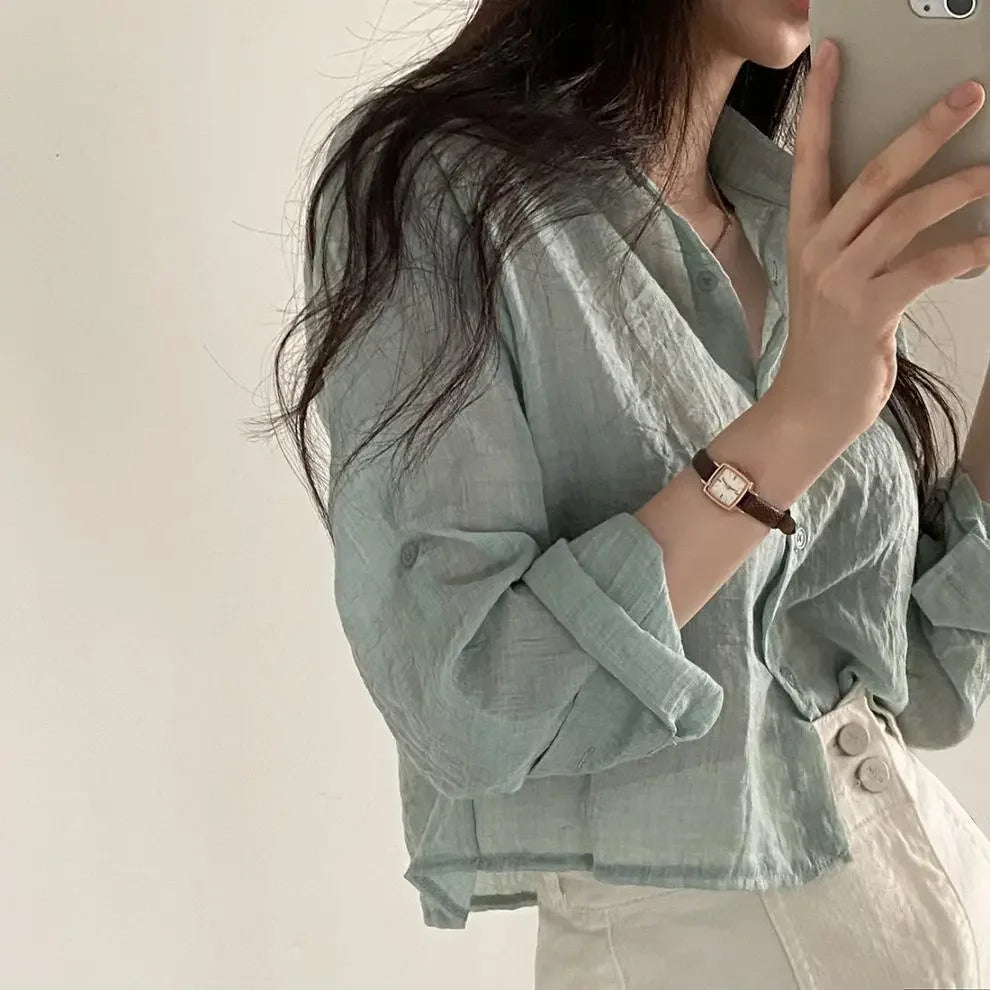 Trendy Shirt Blouse Simple Thin Pure Color Anti-UV Shirt