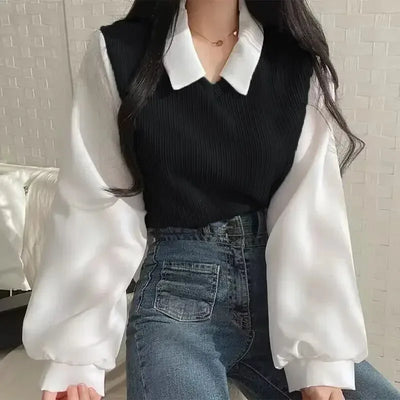 False Two-piece Polo Collar Elegant Blouses