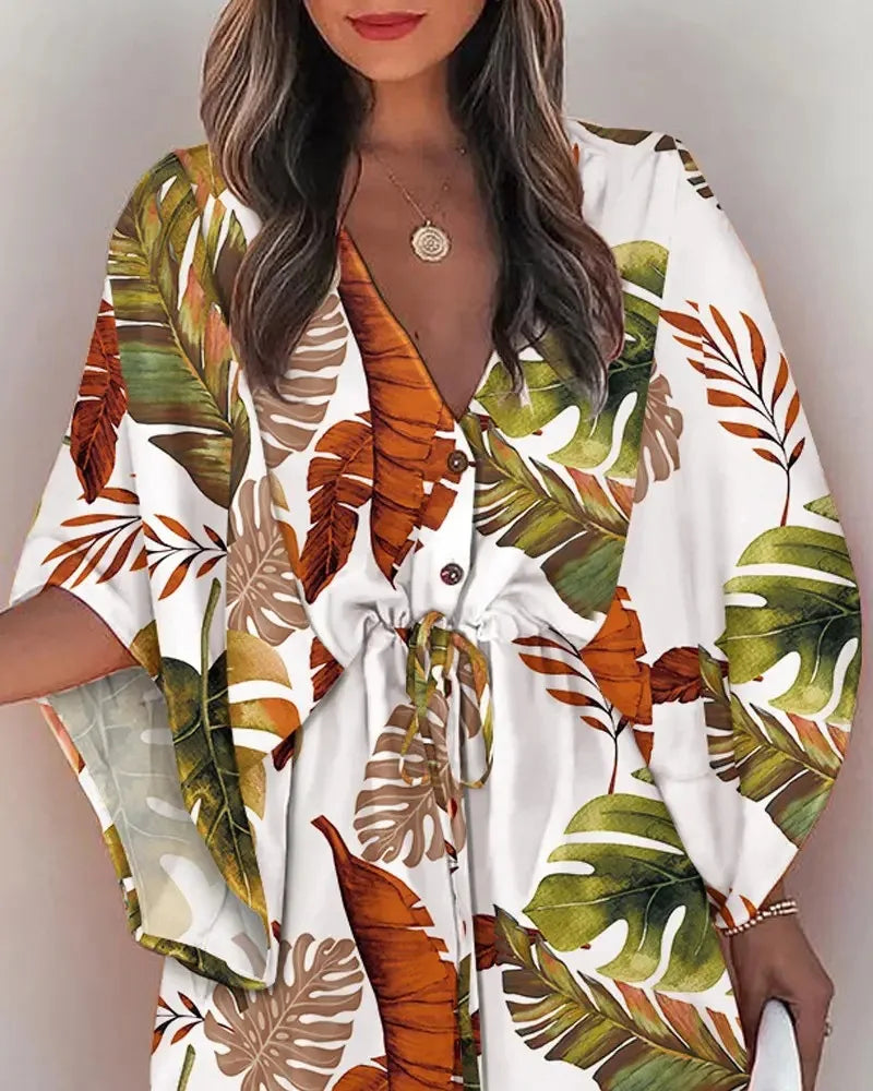 Flying Sleeve V-neck Print Beach Party Dresses