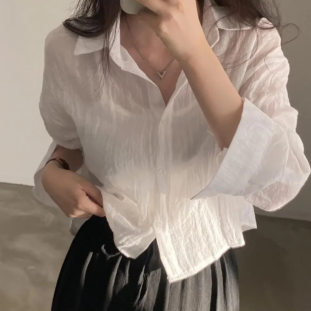 Trendy Shirt Blouse Simple Thin Pure Color Anti-UV Shirt