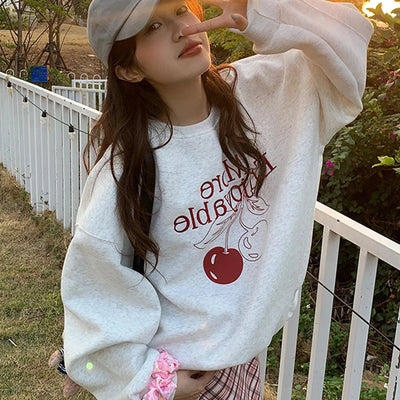 Korean Cherry Print Round Neck Long Sleeve Loose Casual Sweatshirt