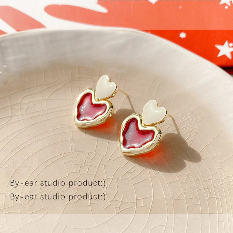 Trendy Sweet Burgundy Enamel Heart Earrings