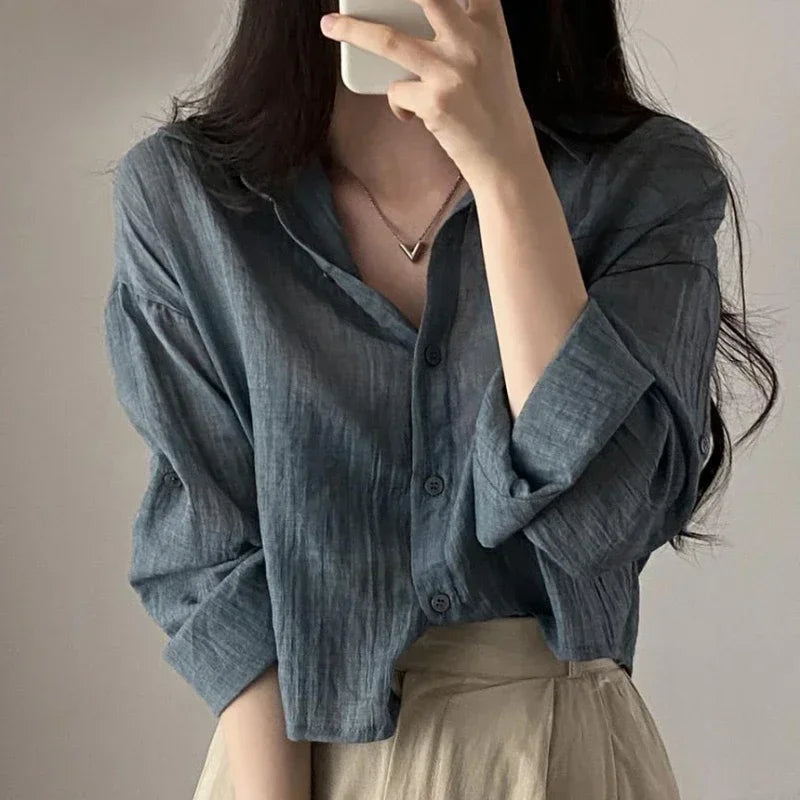 Trendy Shirt Blouse Simple Thin Pure Color Anti-UV Shirt