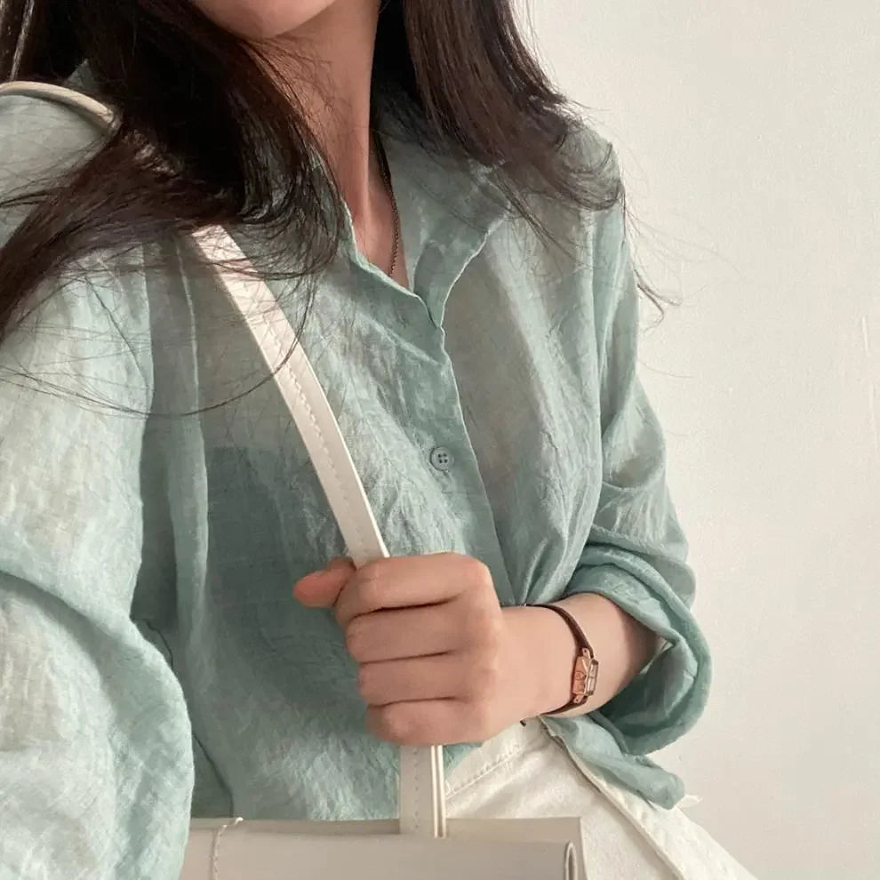 Trendy Shirt Blouse Simple Thin Pure Color Anti-UV Shirt