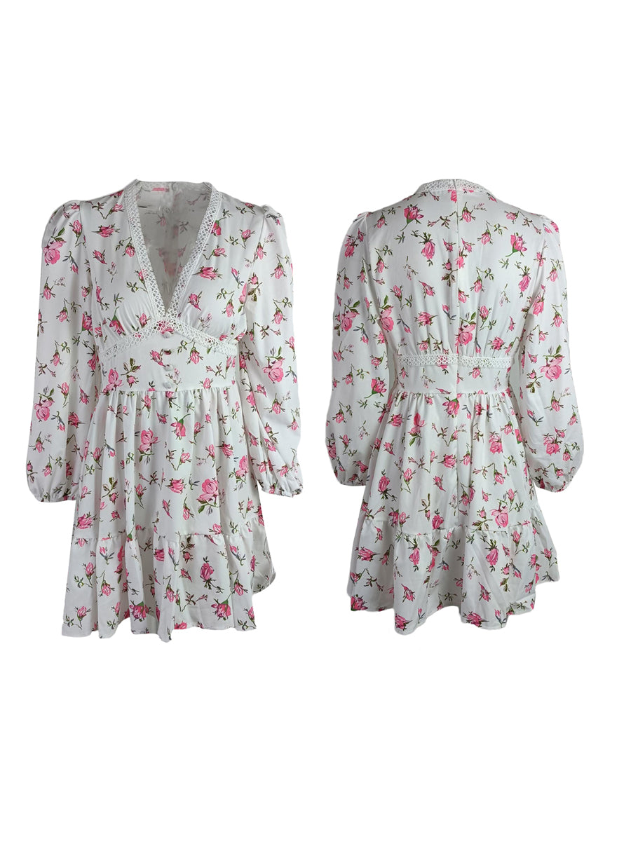 Long Sleeve Floral Print Ruffles Dress