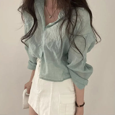 Trendy Shirt Blouse Simple Thin Pure Color Anti-UV Shirt