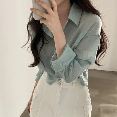 Trendy Shirt Blouse Simple Thin Pure Color Anti-UV Shirt