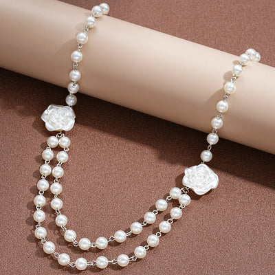 French Pearl Camellia Double Layer Necklace