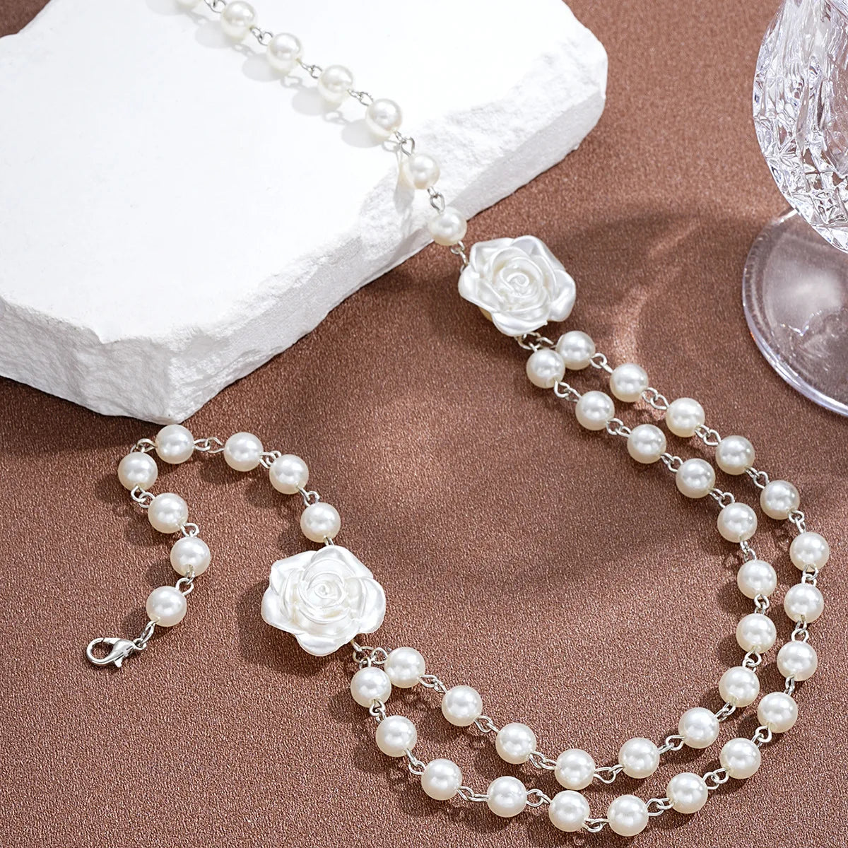 French Pearl Camellia Double Layer Necklace