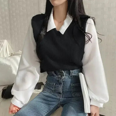 False Two-piece Polo Collar Elegant Blouses