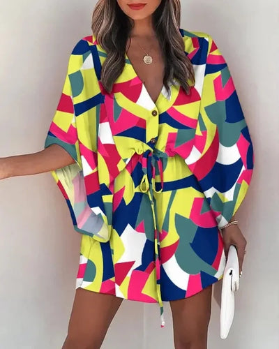 Flying Sleeve V-neck Print Beach Party Dresses