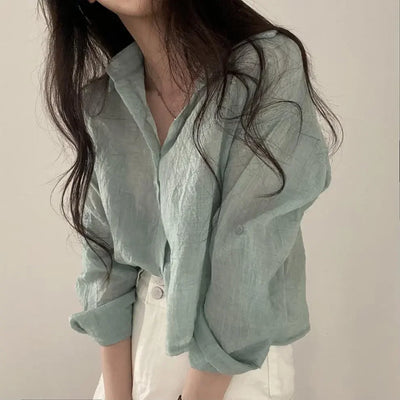 Trendy Shirt Blouse Simple Thin Pure Color Anti-UV Shirt