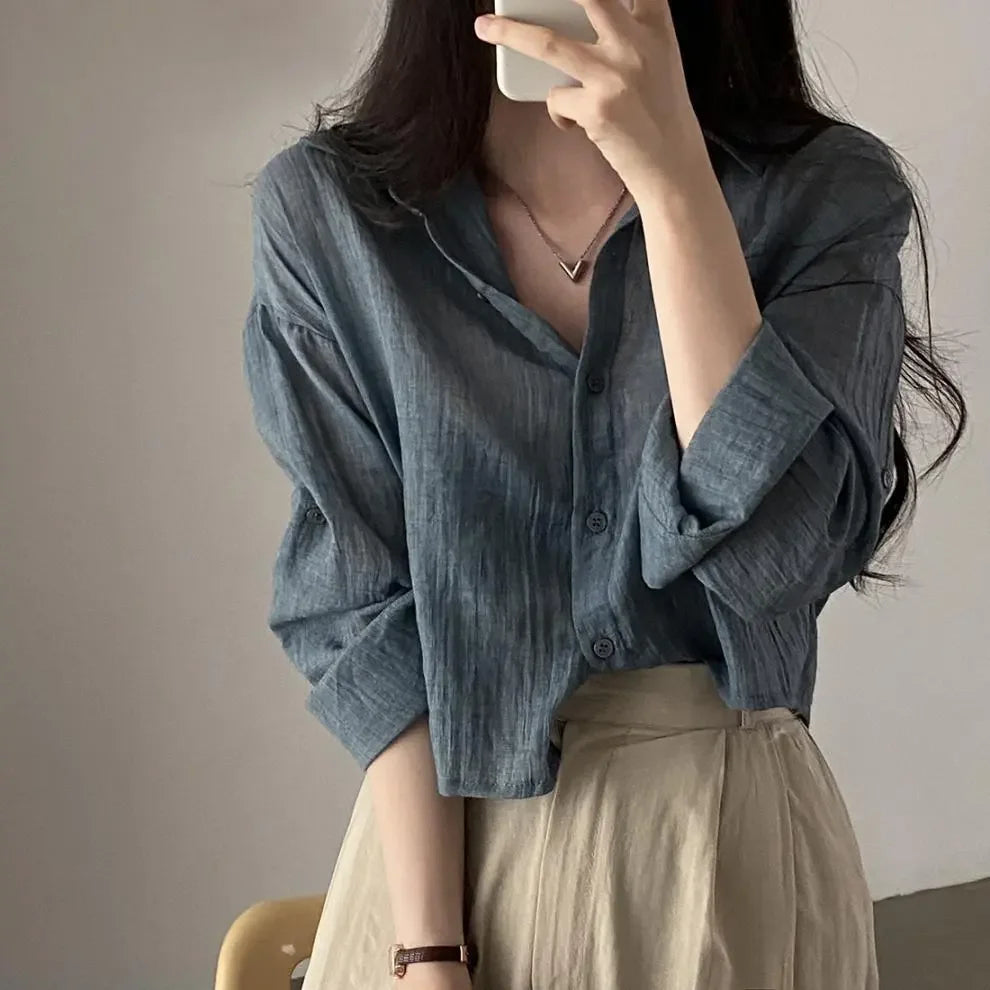 Trendy Shirt Blouse Simple Thin Pure Color Anti-UV Shirt