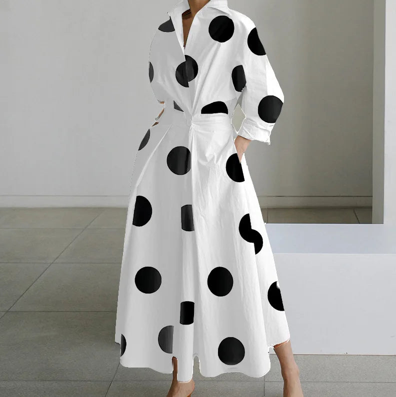 Long Sleeve Dot Print Elegant Maxi Dress