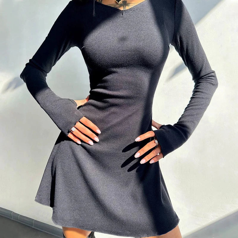 V Neck Long Sleeve Slim Solid Color Mini Dress