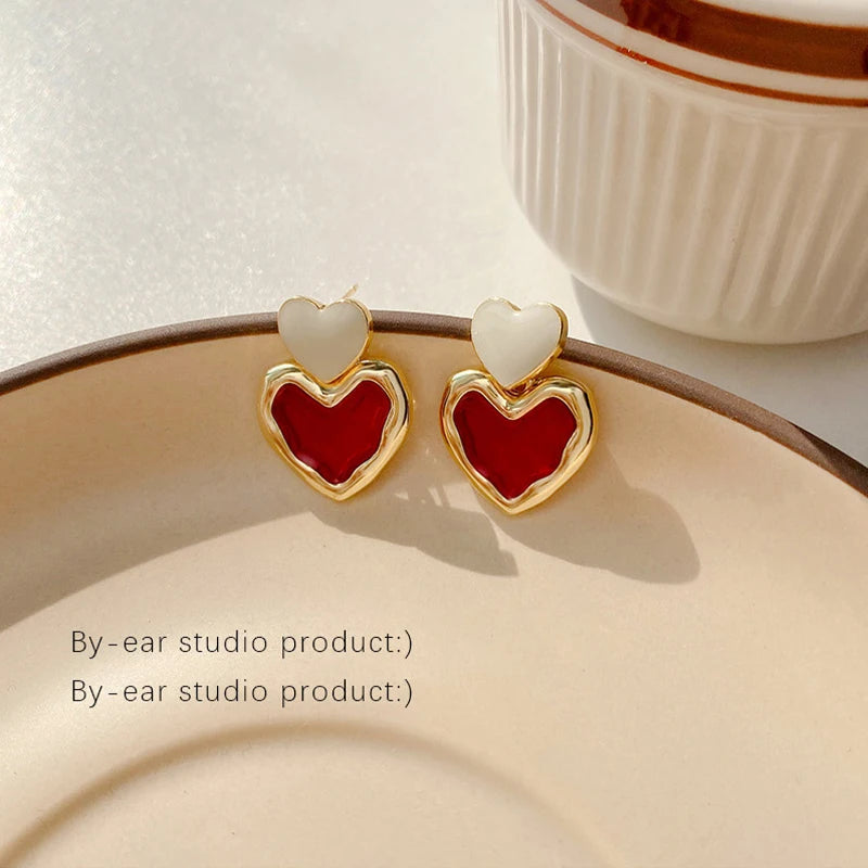 Trendy Sweet Burgundy Enamel Heart Earrings