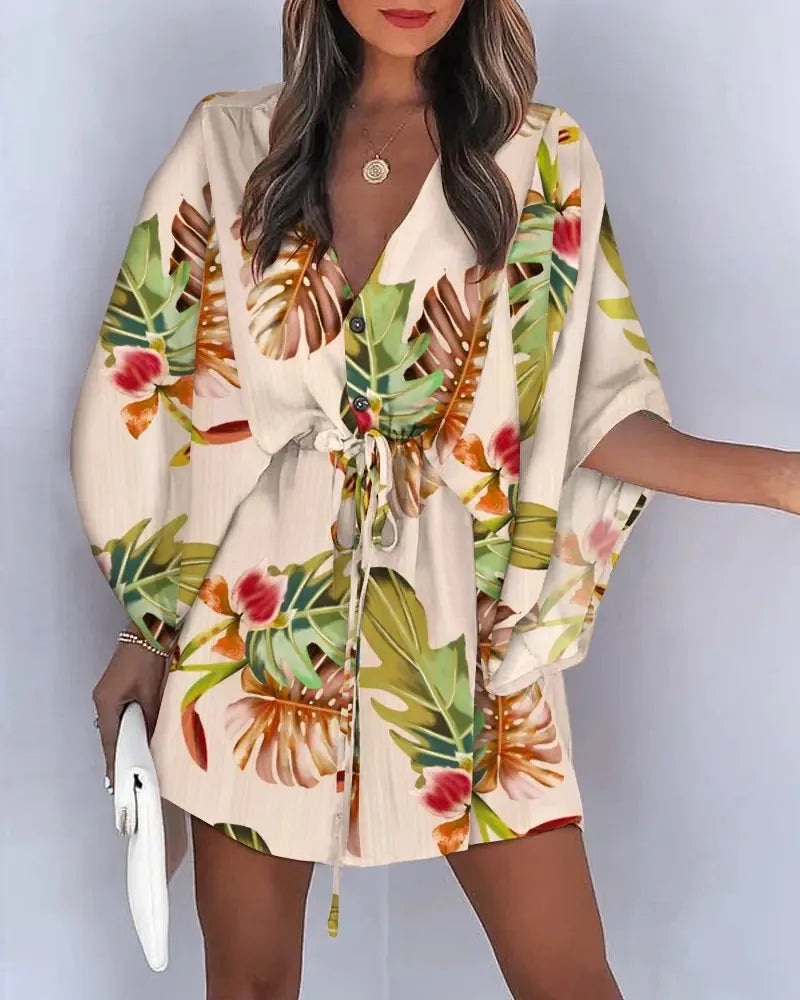 Flying Sleeve V-neck Print Beach Party Dresses